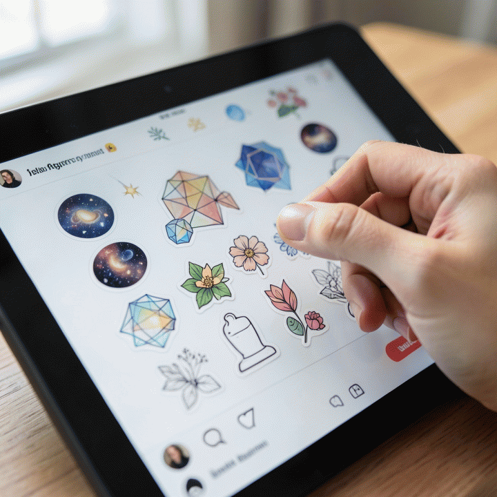 Tangan yang sedang menata aset stiker digital premium pada layar tablet, menunjukkan proses desain feed Instagram yang estetik dan profesional.
