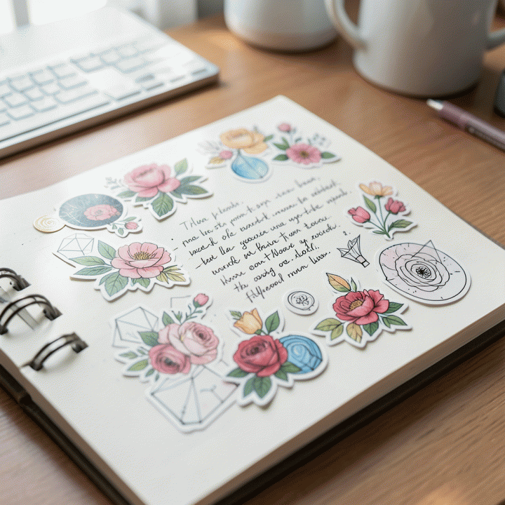 Halaman jurnal digital yang dihiasi stiker premium estetik dan rapi, menunjukkan penggunaan aksen dekoratif untuk tampilan visual yang mewah dan terorganisir.