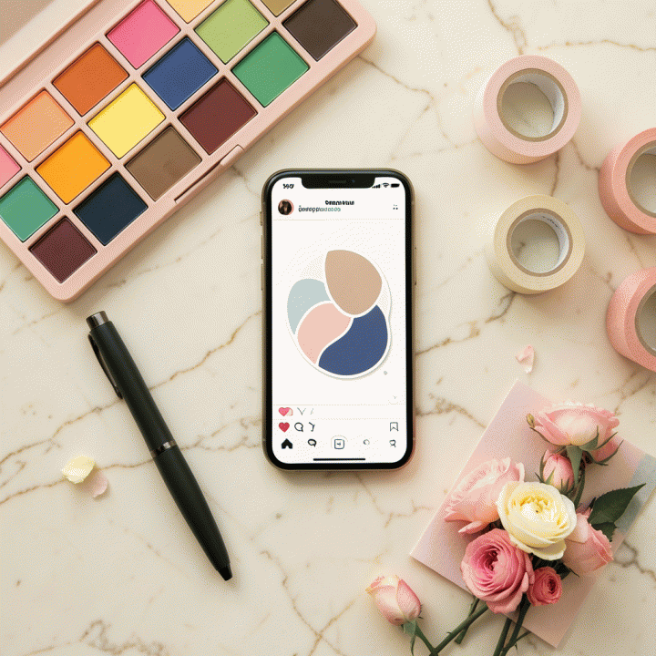 Komposisi flat lay alat-alat journaling dan media sosial yang estetis, mendukung tema dekorasi konten kreatif.