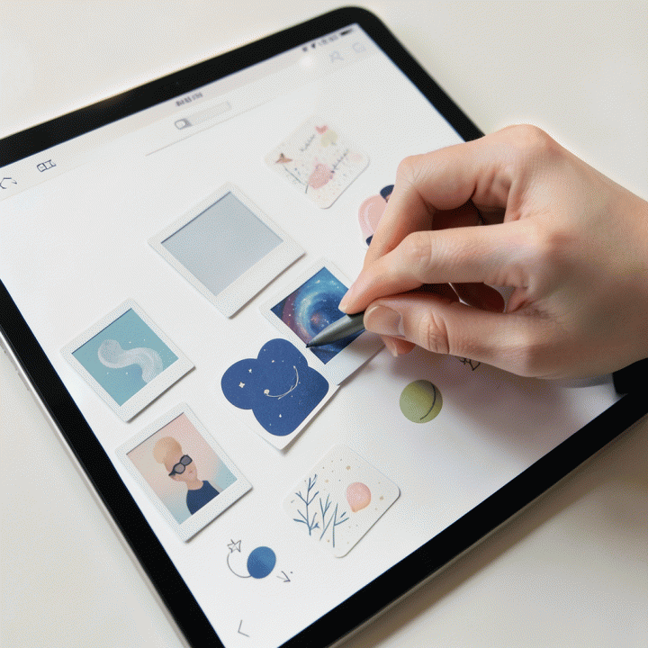 Penggunaan stiker digital pada jurnal di tablet yang menunjukkan proses dekorasi kreatif secara estetik.