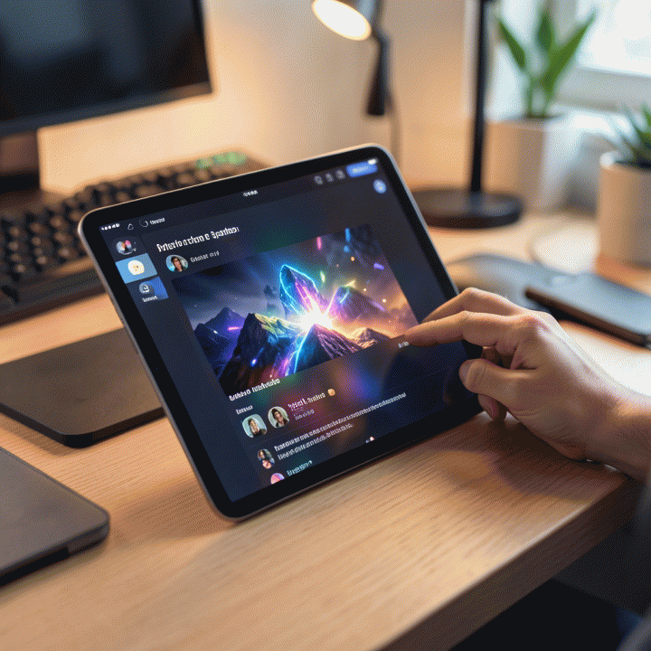 Content creator using an AI tool to instantly generate a high-quality video thumbnail on a tablet.
