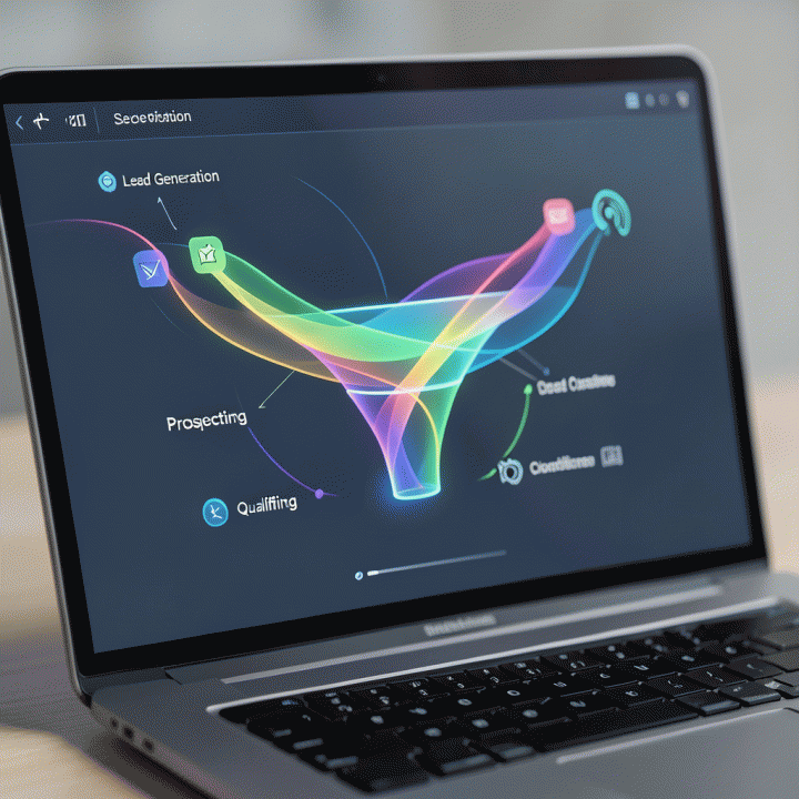 Tampilan dashboard AI yang menunjukkan alur kerja pipeline penjualan yang terotomatisasi dan terstruktur, dari sumber prospek hingga peluang berkualitas.