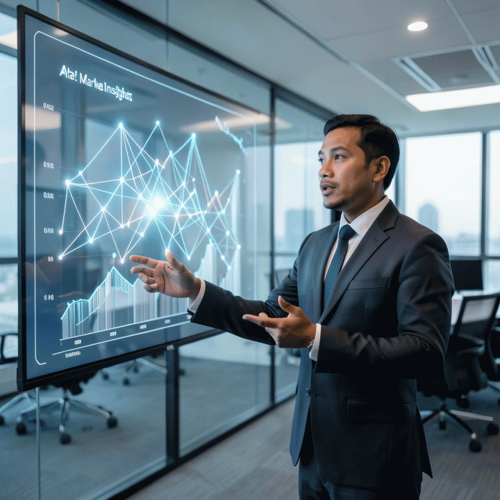 Seorang profesional bisnis mempresentasikan visualisasi data pasar yang kompleks dan terstruktur di layar futuristik, menunjukkan hasil riset yang cepat dan mendalam.