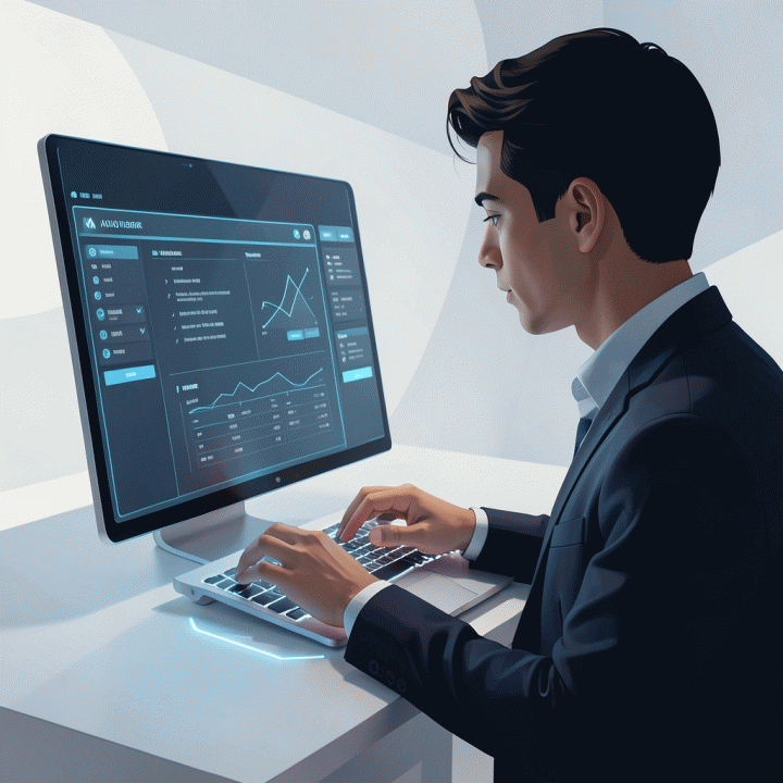 A person interacting with a futuristic AI assistant to transform an abstract idea into a digital business plan.