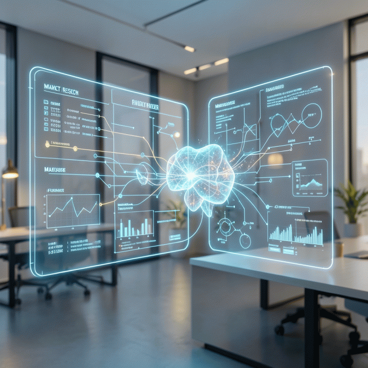 Holographic AI interface transforming a raw idea into a structured business plan blueprint.