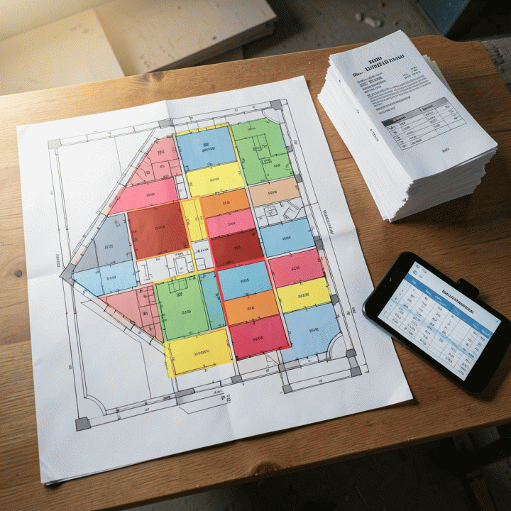 Pemandangan atas (overhead) rencana konstruksi yang diwarnai, menyoroti area potensi pembengkakan biaya, di samping ledger keuangan yang terorganisir.