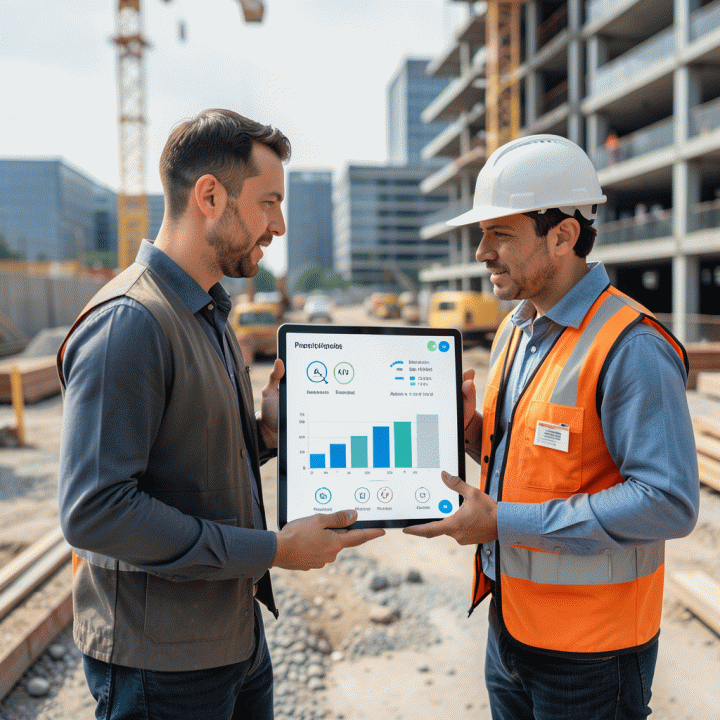 Pemilik proyek dan kontraktor meninjau pelacak progres real-time di lokasi konstruksi, membandingkan progres aktual dengan anggaran yang direncanakan.