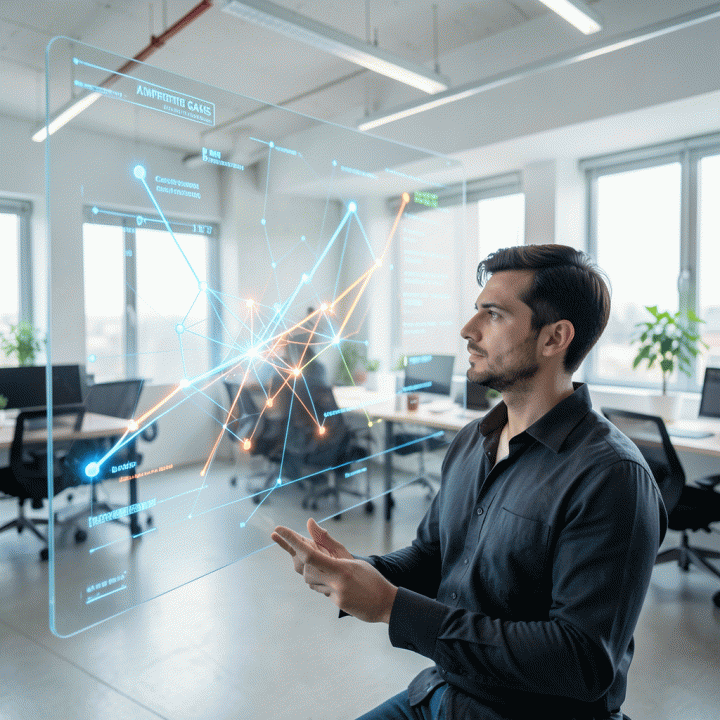 Seorang ahli strategi digital sedang menganalisis data visualisasi kompleks tentang celah kompetitor di layar holografik, melambangkan strategi pemasaran di era AI.