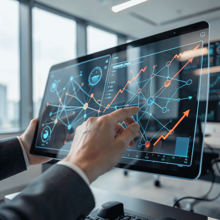 Tangan seorang profesional berinteraksi dengan dasbor data futuristik yang menunjukkan celah dan peluang pasar kompetitor.