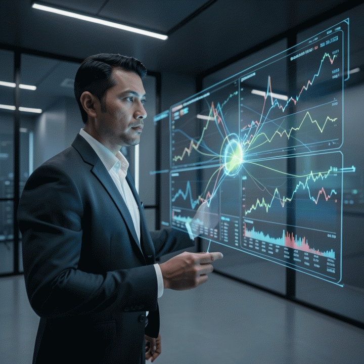 Seorang analis digital marketing di ruangan futuristik sedang meneliti data kompetitor yang ditampilkan dalam grafik holografik, menemukan celah peluang SEO.