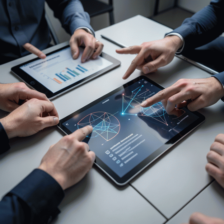 Kolaborasi tim marketer di sekitar tablet data untuk mengidentifikasi kesenjangan strategi kompetitor.