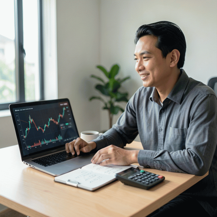 Seorang pemilik UMKM Indonesia yang tampak profesional sedang menganalisis keuangan dan menghitung harga jual optimal di meja kerjanya yang modern.