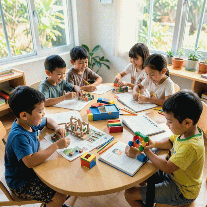 Sekelompok anak Indonesia yang beragam melakukan aktivitas belajar yang dipersonalisasi di ruang kelas yang cerah, menunjukkan bahwa setiap anak memiliki jalur belajar yang unik.