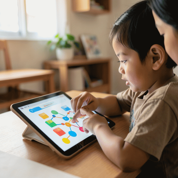 Orang tua atau guru yang membimbing anak berinteraksi dengan alat pembelajaran AI yang modern dan abstrak, menekankan dukungan personal.