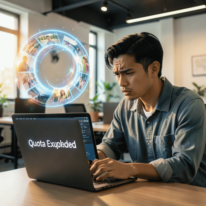 Seorang content creator Indonesia yang frustrasi karena batasan kuota AI di layar laptop, namun di latar belakang terlihat portal cahaya yang melambangkan potensi kreatif tanpa batas.