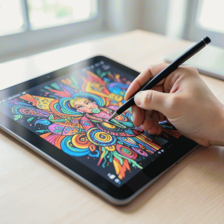 Tangan seorang desainer yang dengan mudah menciptakan aset visual unik dan kompleks pada tablet, melambangkan kemudahan tanpa batasan.
