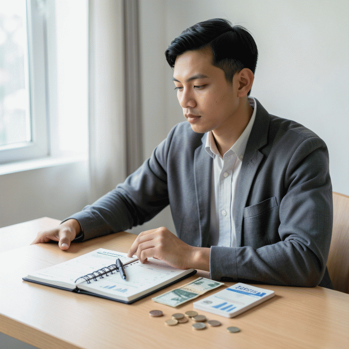 Seorang profesional muda Indonesia sedang merencanakan keuangan di meja kerja minimalis, menggunakan buku catatan dan alat bantu budgeting, melambangkan pengendalian pengeluaran.