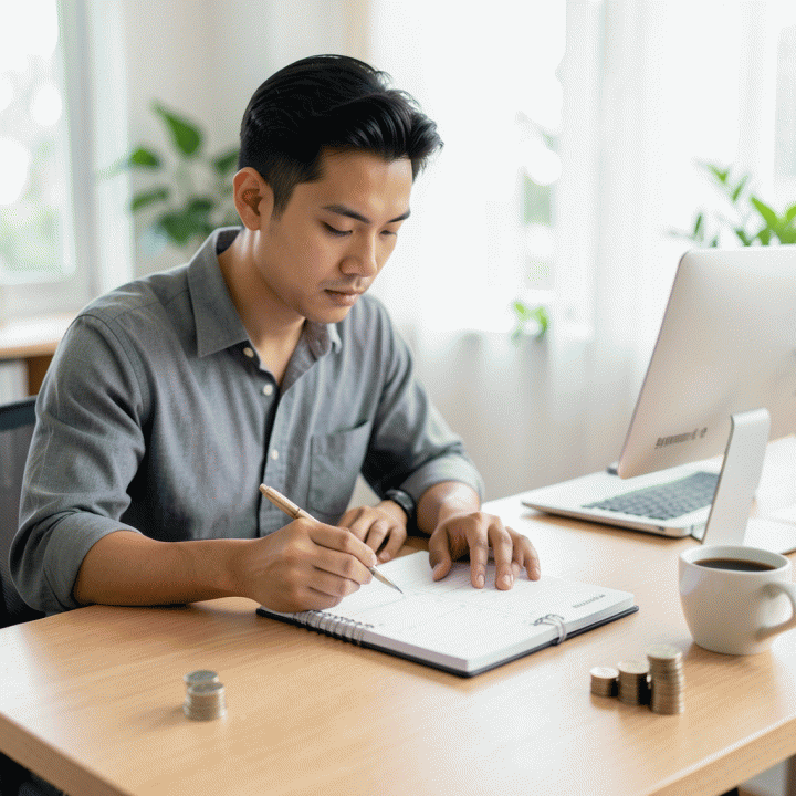 Seorang profesional muda Indonesia yang tenang sedang merencanakan keuangan di meja kerja yang rapi, menggunakan buku perencanaan anggaran (budgeting planner), melambangkan kontrol finansial.