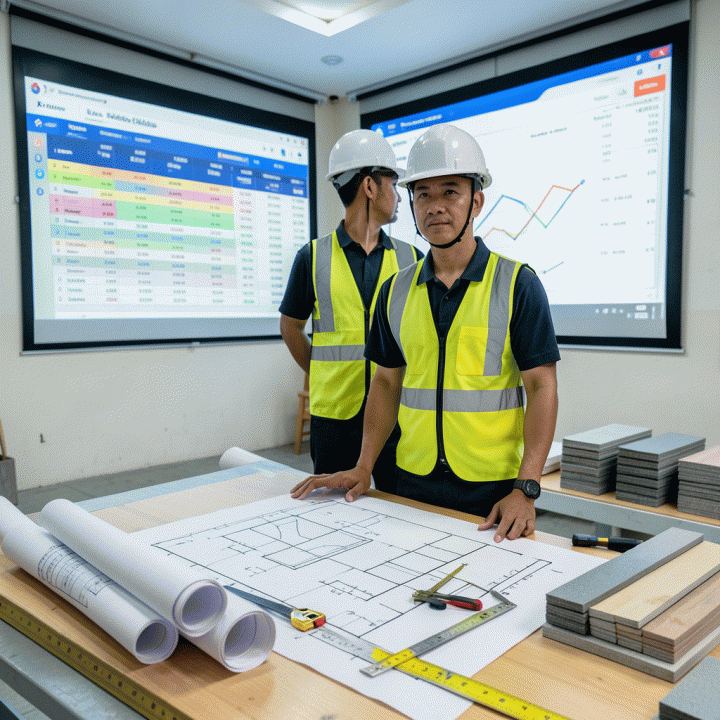 Manajer proyek konstruksi Indonesia yang sedang meninjau rencana anggaran dan blueprint di lokasi proyek, melambangkan kontrol biaya dan perencanaan yang akurat.