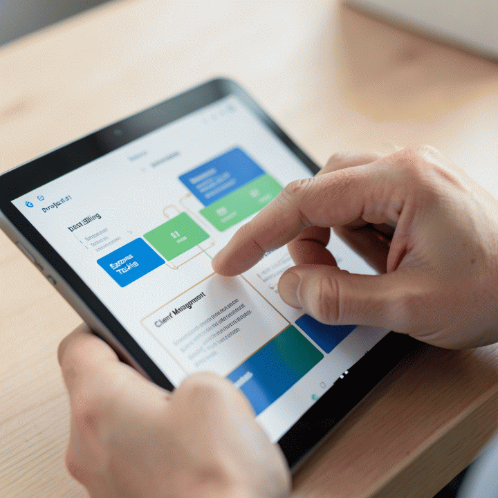 Tangan sedang berinteraksi dengan tablet yang menampilkan dashboard keuangan abstrak, menunjukkan pelacakan pengeluaran dan penagihan yang terorganisir.