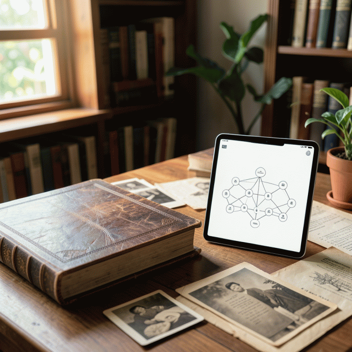 Ilustrasi cover yang memadukan buku silsilah keluarga kuno dengan tampilan pohon keluarga digital modern pada tablet, melambangkan pelestarian warisan sejarah keluarga.