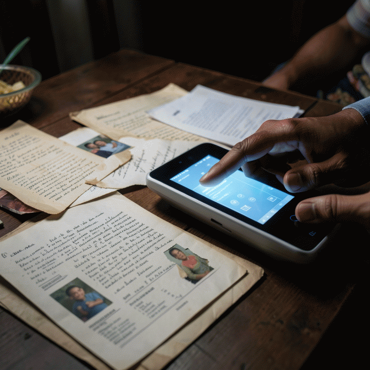 Tangan yang sedang merapikan dan mendigitalkan dokumen-dokumen sejarah keluarga yang berserakan menjadi data yang terstruktur.