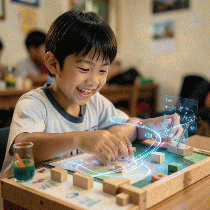 Seorang anak Indonesia belajar dengan antusias di stasiun belajar yang memadukan materi fisik dan digital.