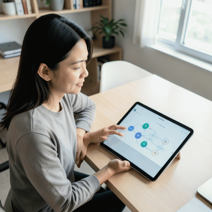 Seorang guru menganalisis modul belajar yang dihasilkan secara otomatis oleh AI di tablet.