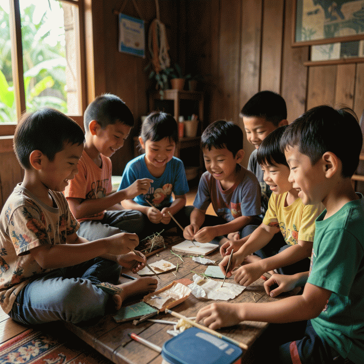 Anak-anak Indonesia dari latar belakang ekonomi kurang mampu belajar dengan antusias di rumah, menggunakan materi ajar kreatif dari bahan-bahan sehari-hari.