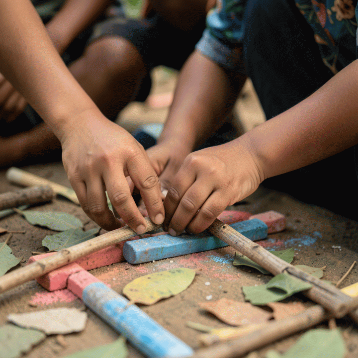 Interaksi hangat antara orang tua/relawan dan anak dalam proses belajar menggunakan bahan-bahan alam.