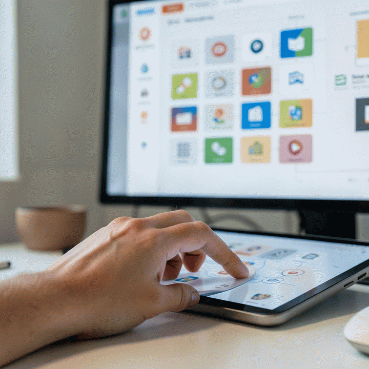 Tangan seorang content creator mengatur dan menghubungkan berbagai aset visual merek yang beragam dan konsisten pada antarmuka digital, didukung oleh AI.