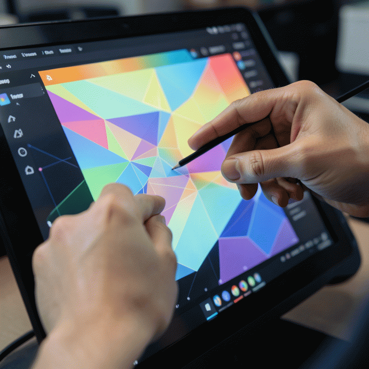 Tangan seorang desainer berinteraksi dengan antarmuka AI kreatif untuk mempertahankan konsistensi pola warna dan elemen visual merek secara digital.