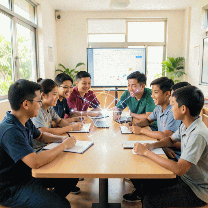 Siswa SMP Indonesia yang antusias berdiskusi dalam sesi pembelajaran kolaboratif yang interaktif dan modern, menunjukkan tingkat keterlibatan yang tinggi.