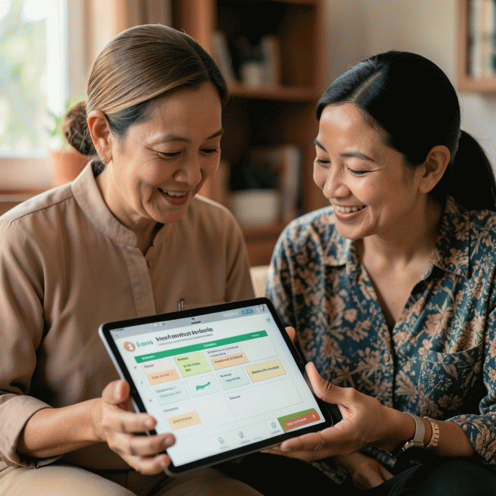 Guru dan orang tua berkolaborasi meninjau materi ajar yang efisien dan menarik pada tablet, menunjukkan solusi untuk kesulitan menyusun kurikulum.