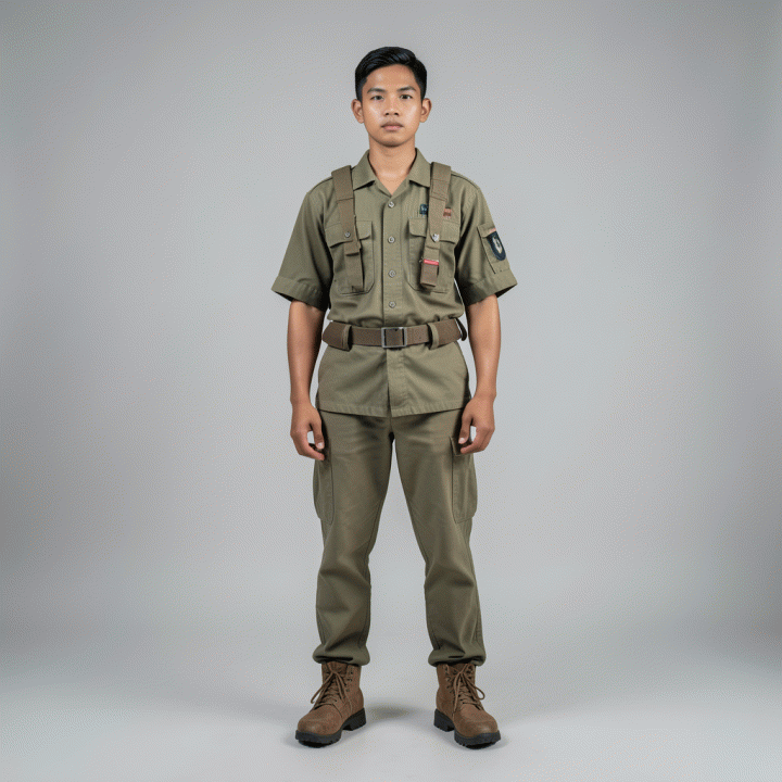 Potret karakter tunggal yang konsisten, fokus pada detail penampilan dan kostum, ideal untuk dijadikan acuan visual.
