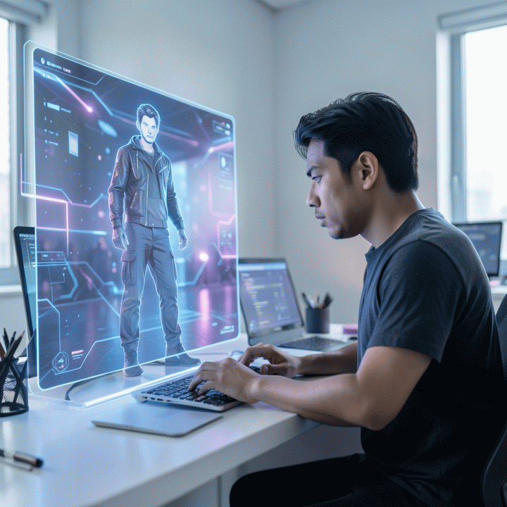 Seorang ilustrator digital Indonesia yang fokus bekerja di meja modern, menggunakan antarmuka hologram canggih untuk memastikan konsistensi visual karakter di berbagai adegan berbeda.