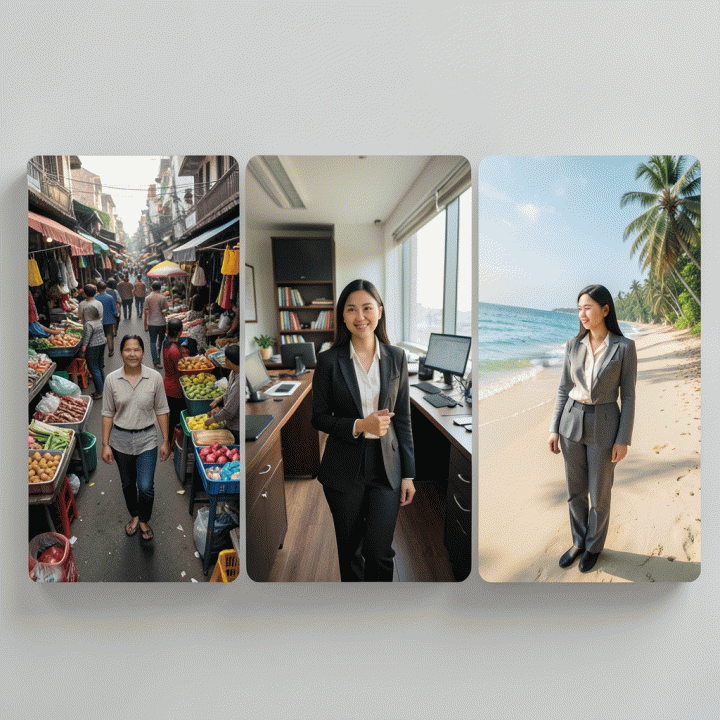 Visual perbandingan karakter yang sama di tiga latar belakang adegan yang berbeda (pasar, kantor, pantai), menyoroti tantangan konsistensi AI.
