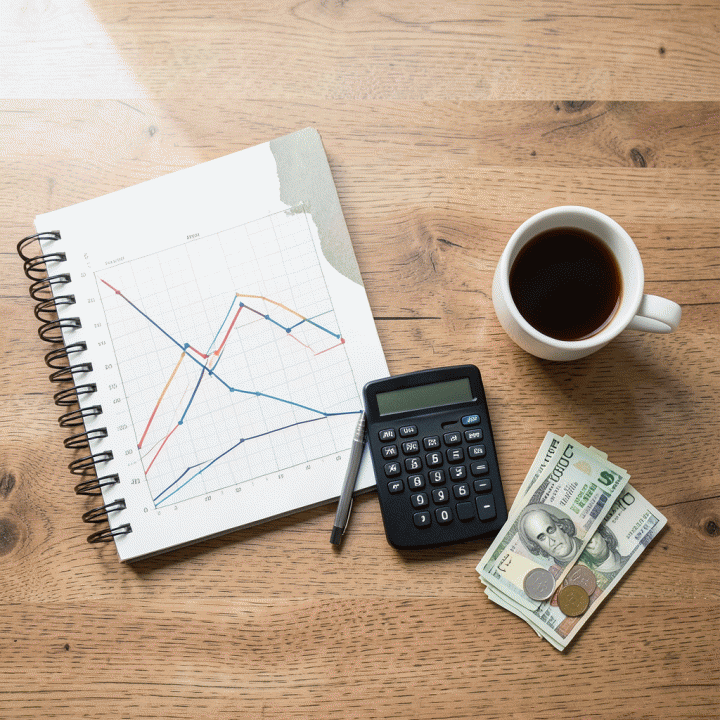 Komposisi flat lay alat perencanaan keuangan yang rapi dan terorganisir, seperti buku catatan, kalkulator, dan uang, melambangkan budgeting.