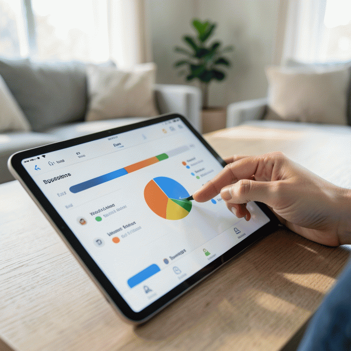 Tangan yang melacak pengeluaran dengan hati-hati menggunakan aplikasi budgeting di tablet, menunjukkan kontrol keuangan digital.