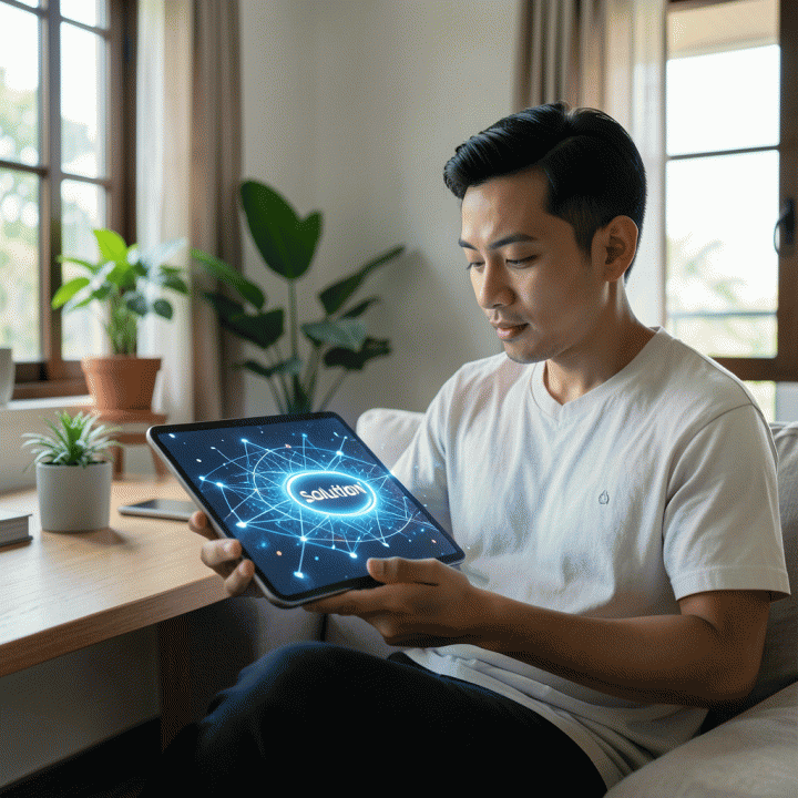 Seorang pemasar digital di rumah yang tampak percaya diri menggunakan alat AI di tablet untuk menemukan solusi kreatif dalam pemasaran konten.
