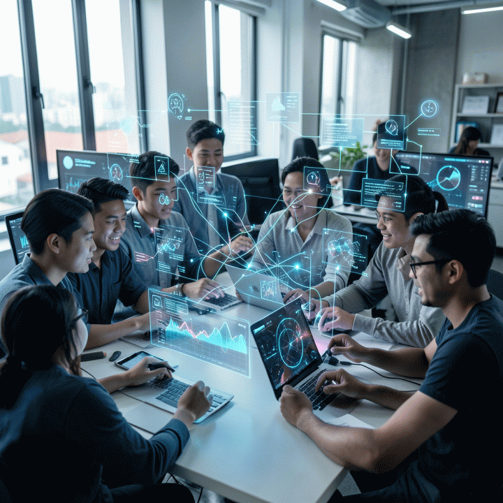 Grup profesional muda Indonesia berkolaborasi di ruang kerja digital futuristik, berinteraksi dengan antarmuka holografik AI untuk memecahkan tantangan pemasaran digital.