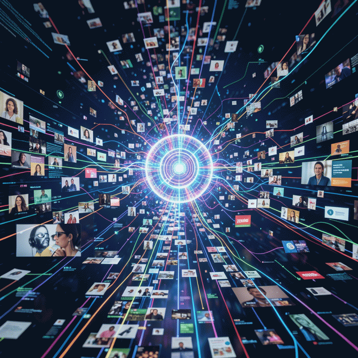 Visualisasi konseptual aliran data konten iklan yang masif dan terorganisasi oleh inti AI, melambangkan mesin kreatif otomatis.