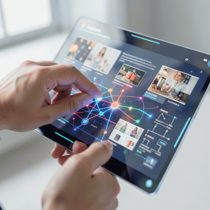Tangan seorang pemasar digital berinteraksi dengan layar sentuh futuristik yang menampilkan ide-ide konten kreatif yang dihasilkan secara otomatis oleh AI.