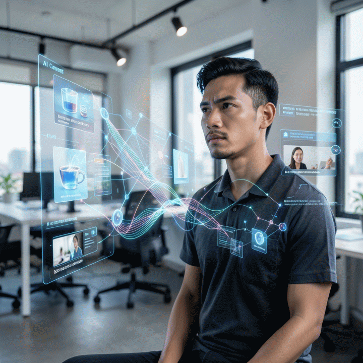 Seorang pemasar digital Indonesia profesional melihat antarmuka holografik AI yang menunjukkan aliran data dan ide konten kreatif, melambangkan adaptasi terhadap perubahan algoritma digital.