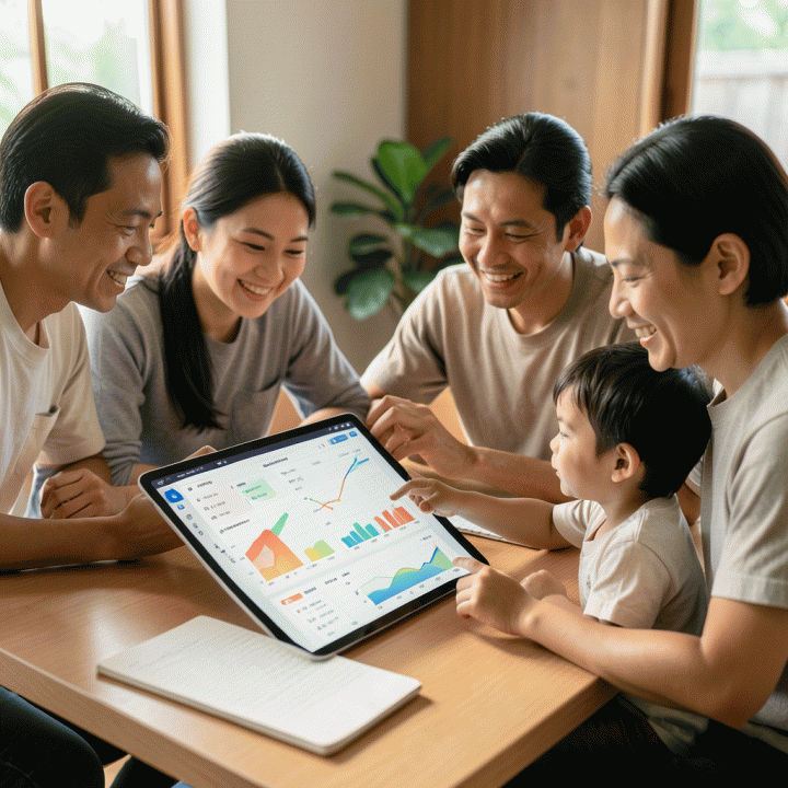 Keluarga Indonesia yang hangat sedang berkolaborasi meninjau spreadsheet anggaran keuangan digital di tablet, menunjukkan perencanaan keuangan yang teratur dan optimis.