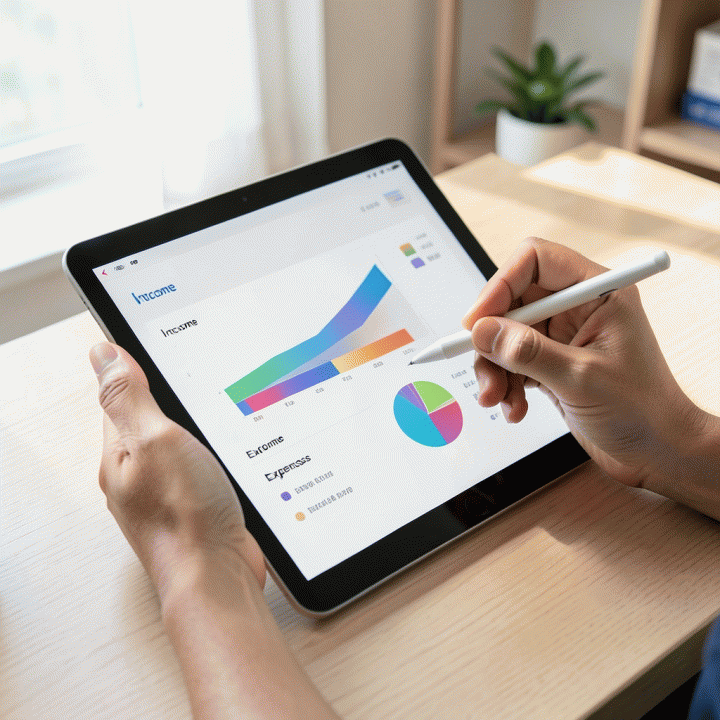 Tangan menggunakan stylus pada tablet yang menampilkan dasbor keuangan abstrak yang terstruktur, melambangkan pelacakan anggaran.