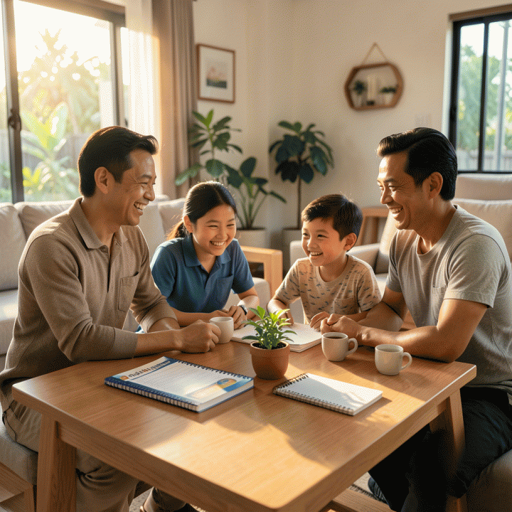 Keluarga Indonesia yang bahagia sedang berkumpul di meja kayu yang rapi, dikelilingi oleh alat perencanaan keuangan seperti Family Planner, melambangkan awal pengelolaan anggaran rumah tangga yang terstruktur.