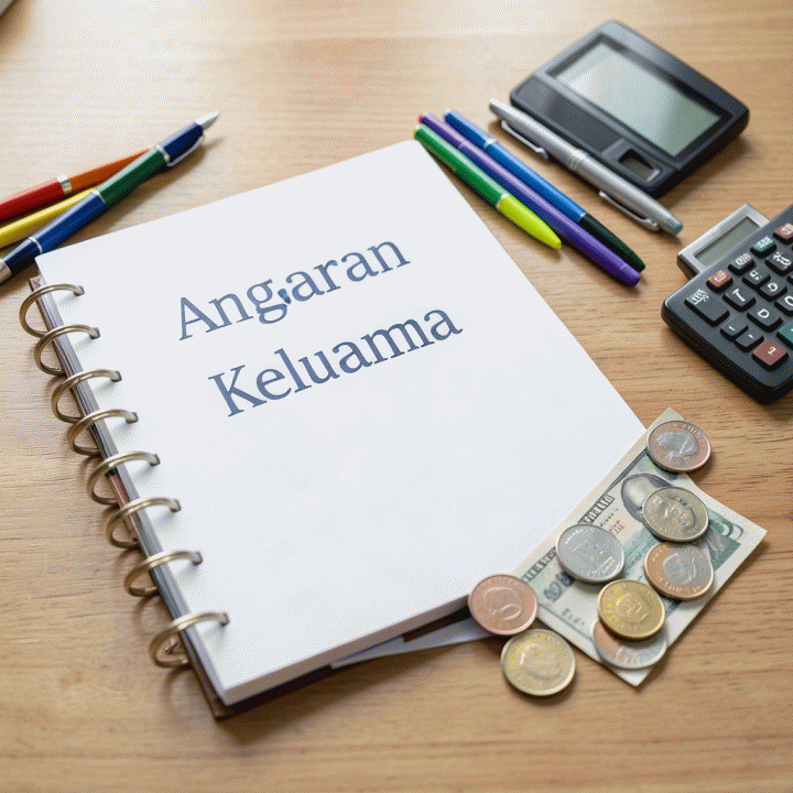 Foto penataan datar yang terorganisir berisi buku anggaran keluarga, pulpen, dan koin Rupiah di atas meja kayu, menyoroti aspek pencatatan keuangan.