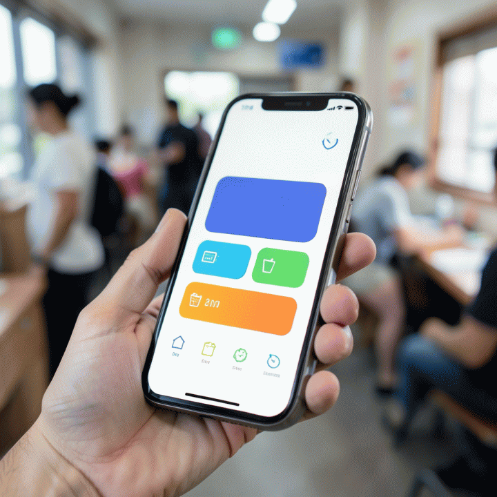 Antarmuka aplikasi ponsel untuk melihat jadwal pemesanan dan status inventaris secara real-time.