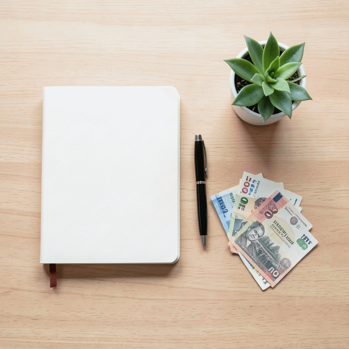 Komposisi flat lay yang rapi berisi buku catatan keuangan, pena, uang tunai Rupiah, dan elemen dekorasi, melambangkan perencanaan anggaran yang terstruktur.
